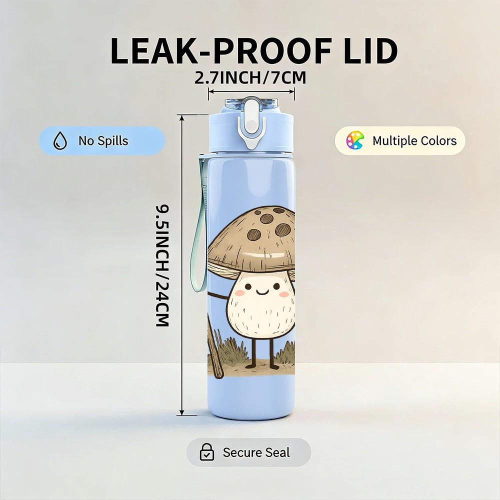 1PC Mushroom Stick Ghost Cartoon 750ml Color Plastic Sports Water Bottle Leakproof Flip Straw Lid Suitable for Sports Office Home Use