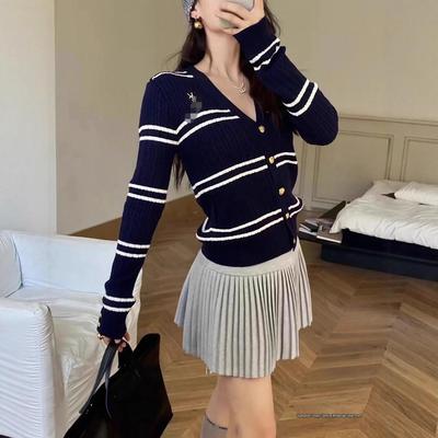 Women's Autumn Striped Gold Embroidered V-Neck Slim Fit Knit Cardigan