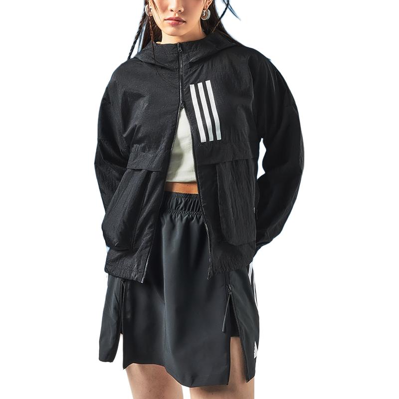 Adidas Color Block Striped Logo Print Hooded Jacket Women Jackets Black GT9754