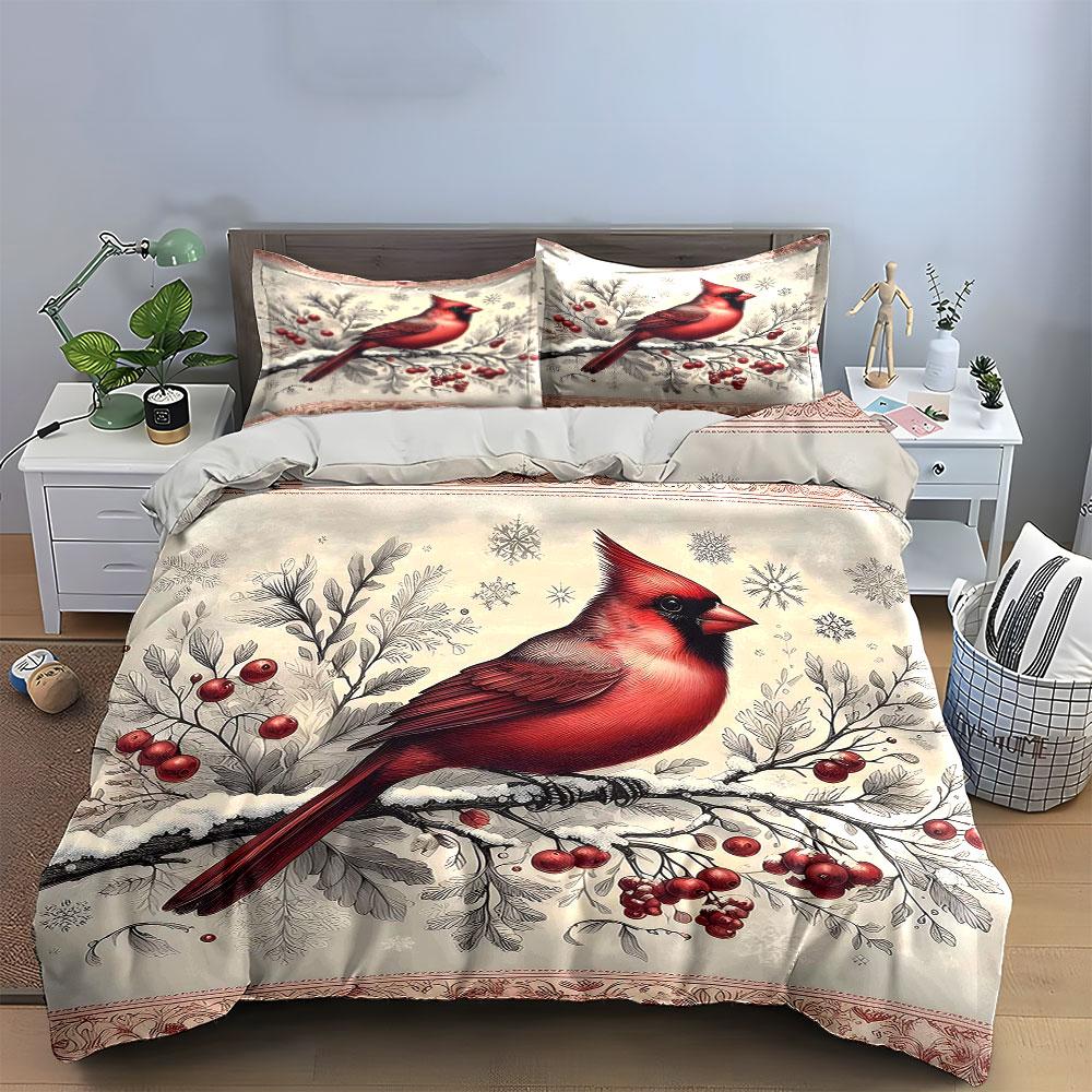 Red Cardinal on Winter Branch Bedding Duvet Cover Set Duvet Cover Pillowcases (1*Duvet Cover 2*Pillowcases, without duvet insert)