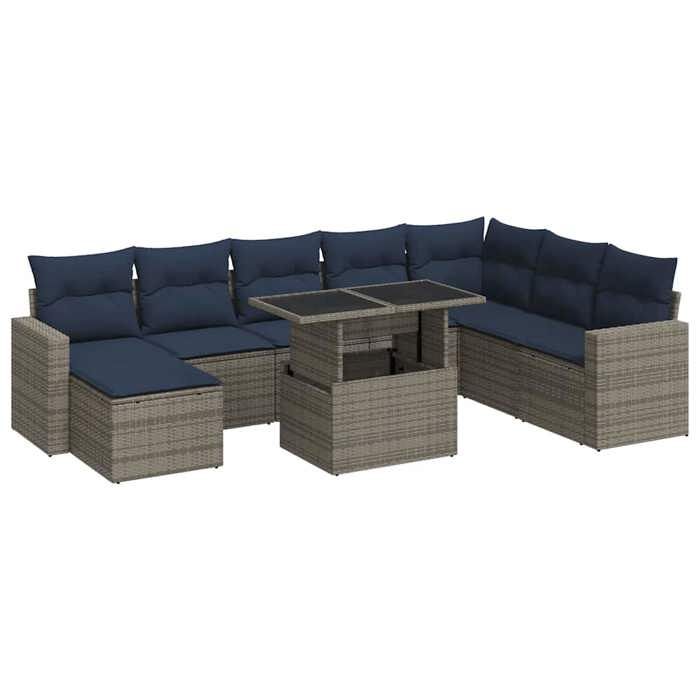 VidaXL Garden Lounge Set with Cushions 9 Pcs Grey Wicker Acacia, Outdoor Sofa Set, Garden Furniture 3326372