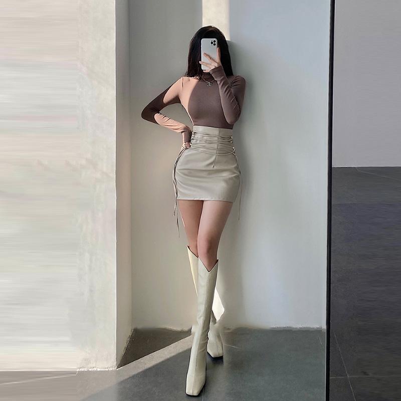 Sexy PU kožené sukně pro ženy Punková bandáž A-line Černá Tužková sukně s vysokým pasem Fashiom Y2k Dámské oblečení Podzim Zima