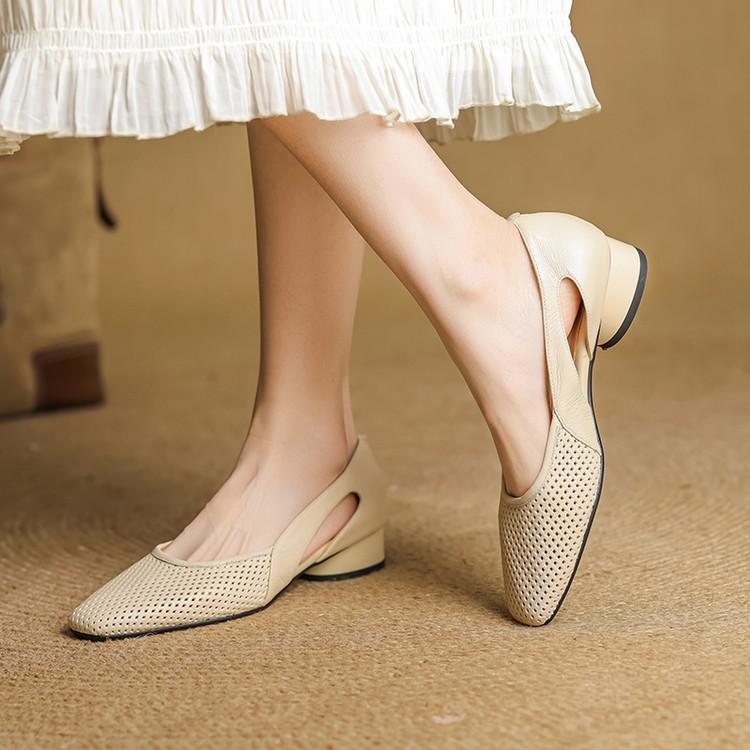 2025 spring and summer new versatile niche hollow hole single shoes explosion low heel soft leather square head explosion soft sole women's shoes