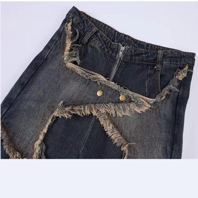 American Vintage Washed Five-Point Star Frayed Hem Jeans for Women High Street Niche Oversized Straight Leg Long Pants