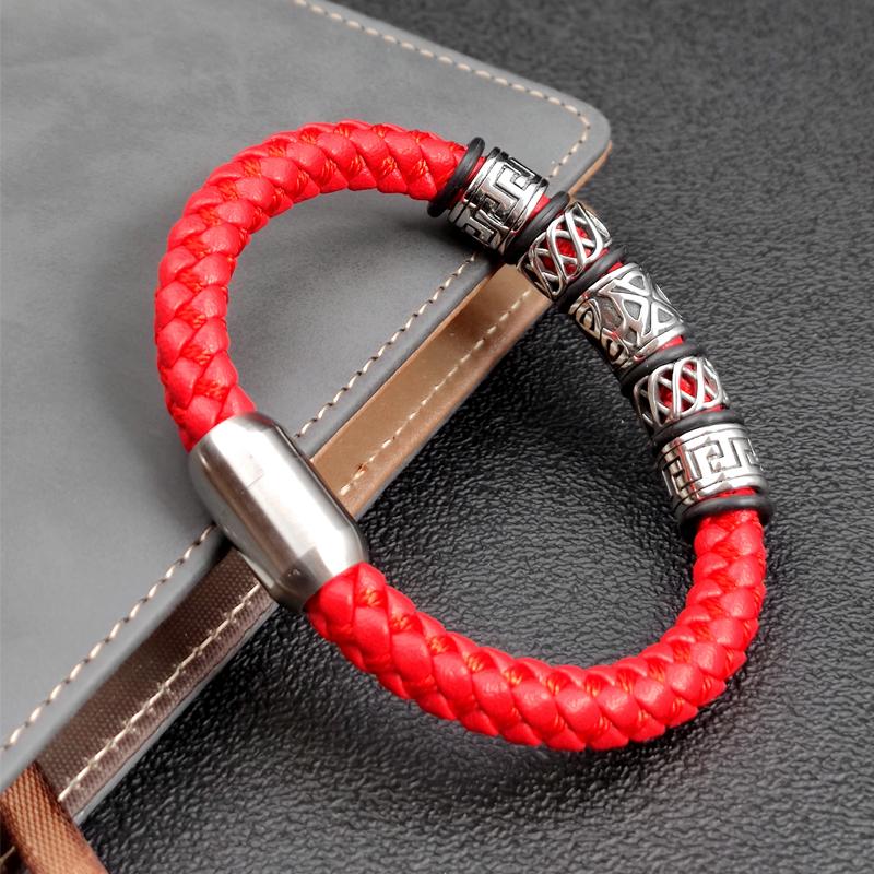 Fashionista Men Red Coffee Black Blue Leather Bracelet 316L Stainless Steel Viking Bead Bracelet Strong Magnet Clasp in 4 Colour