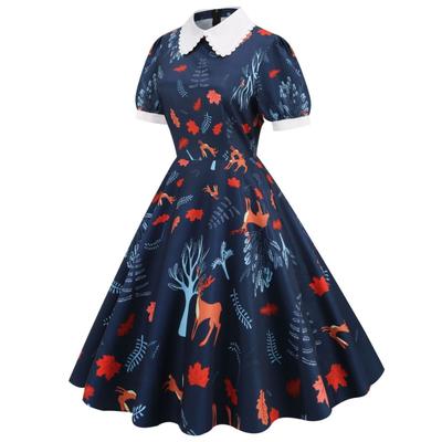 Women's Clothing Supply Summer New Product Bundle Neck Doll Collar Short Sleeve Classical Retro Medium and Long Dress Printed Dress