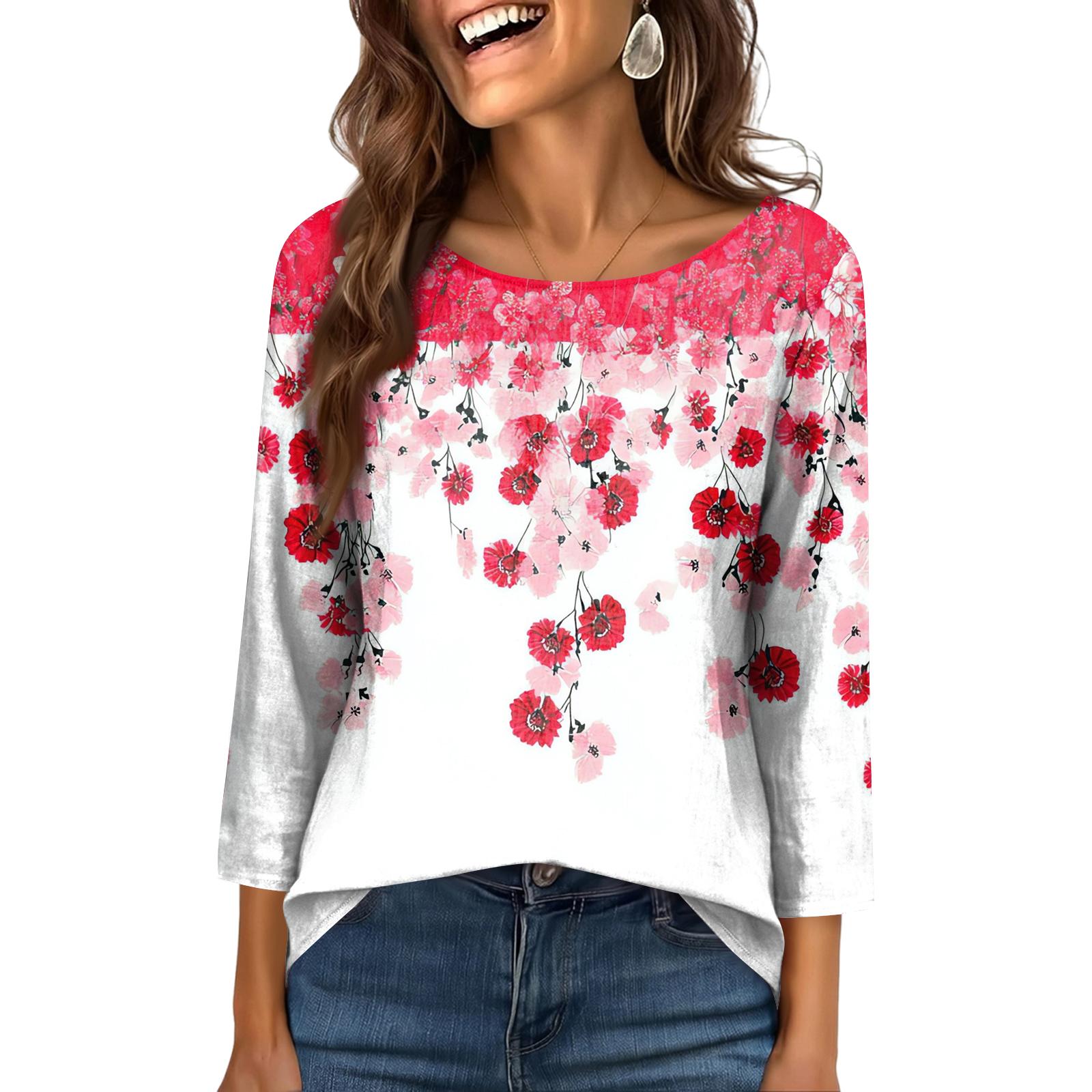 

Women s Fashionable Casual Round Neck 3/4 Sleeve Printed T-Shirt Top S