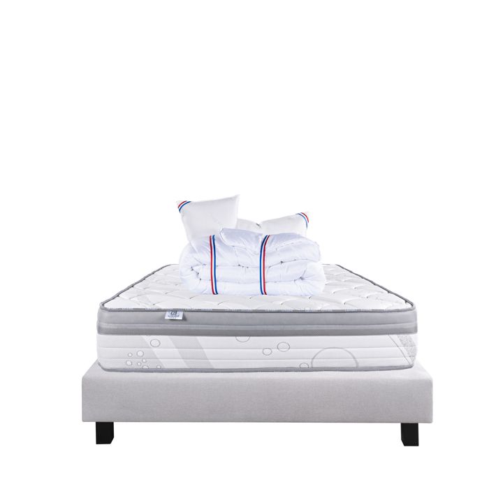 Ensemble Matelas 160x200 cm, ViscoPlus, 26 cm, mémoire de forme, ferme, face été/hiver + sommier gris ep20cm + 2 oreillers + couette