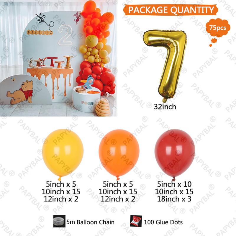 75PCS Yellow Honey Winnie the Pooh Theme 32inch Gold Number Kids Birthday Party Decor Gift Baby Shower Garland Arch Kit Globos