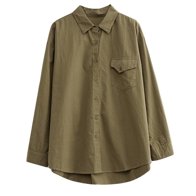 Long Sleeve Art Retro Washed Large Size Loose Blouses Skinny Lapel Collar Single Breasted Shirt Chest Pocket Top for Women