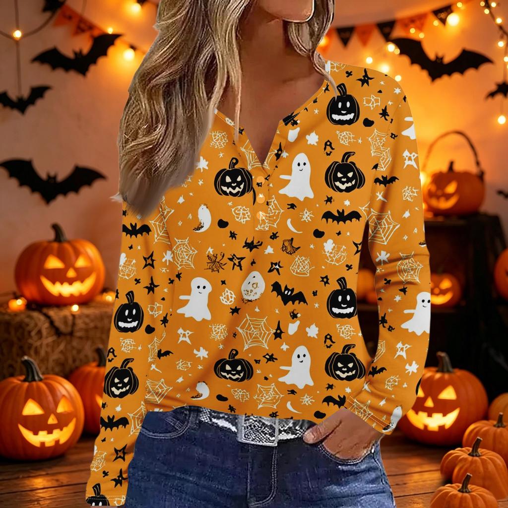 Women's Halloween Print Long Sleeve V Neck Button Detail Casual T Shirt Top with Festive Graphic Design for Seasonal Wear