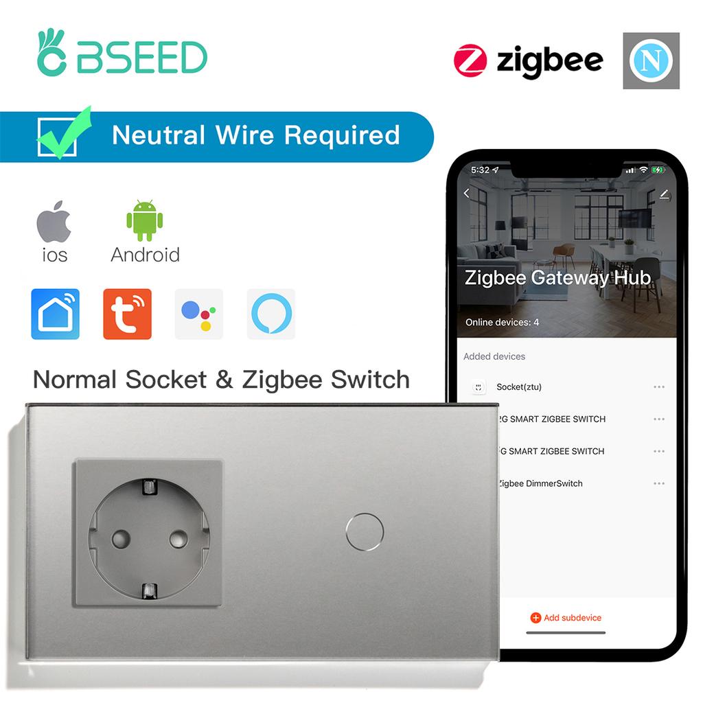 BSEED Zigbee 1/2/3Gang Touch Smart Switches 1/2/3Way Tuya Smart Life App Control With EU Wall Sockets Outlets Gray Series