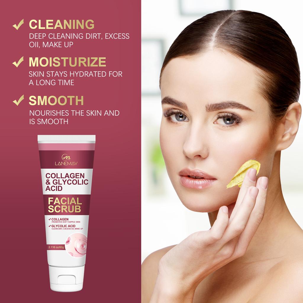 Collagen and Glycolic Acid Facial Scrub Deep Cleanses and Soothes Facial Skin, Cleansing and Nourishing Skin Care