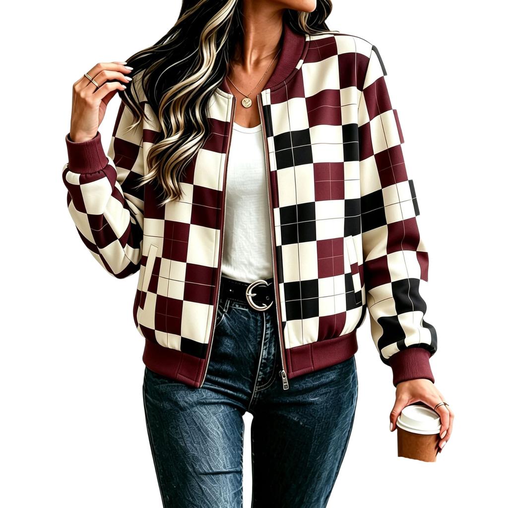 Women's Loose Casual Zip-Up Jacket Vintage Plaid Outerwear for Fall Winter Everyday Wear