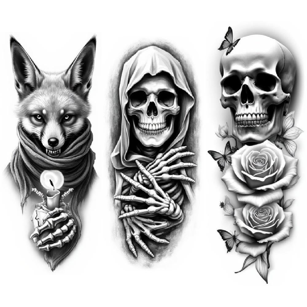 

3pcs Temporary Tattoo Black And Grey Realism Haunted Tree With Crows Skull With Roses Grim Reaper For Women Adults Thighs