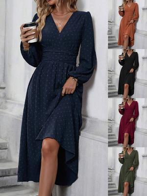 Autumn New Style Wool Ball Lantern Sleeve Ruffle Waist Dress