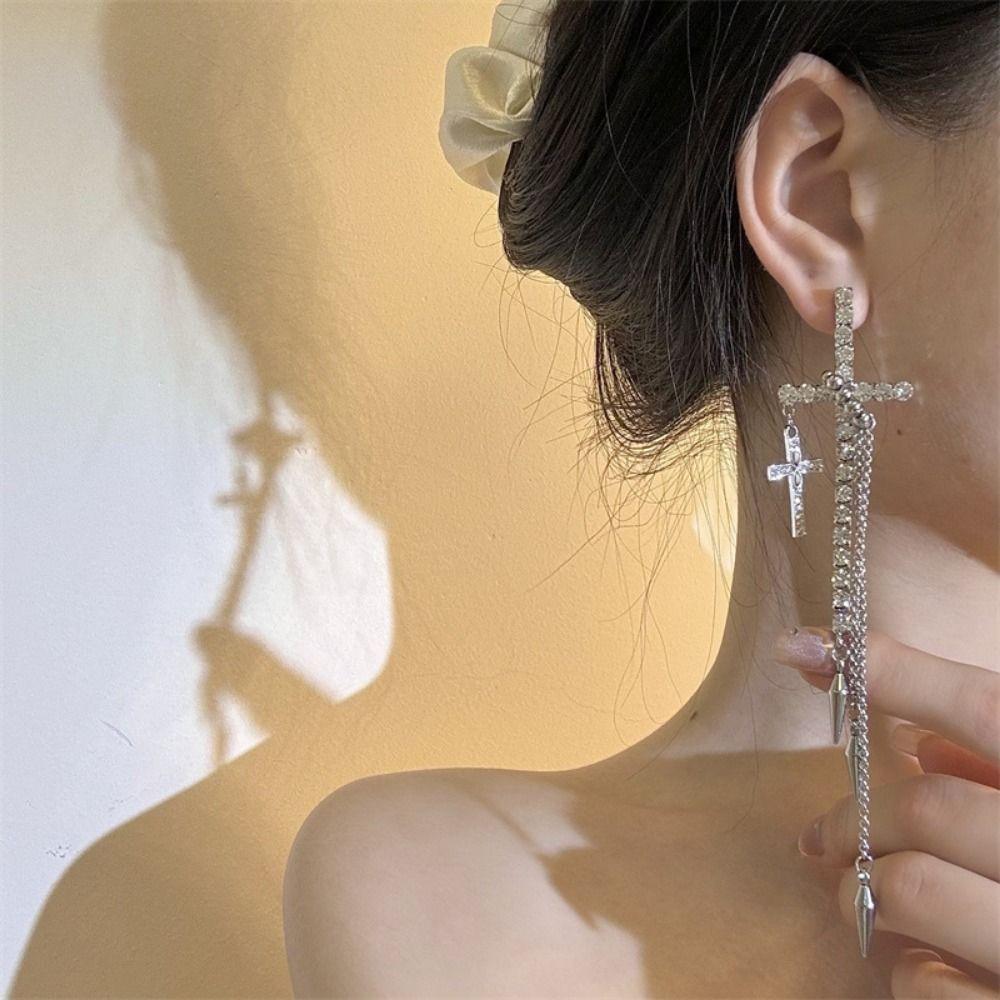Inlaid Rhinestones Long Tassels Dangle Earrings Fashion Ear Stud Personality Cross Earrings  Women