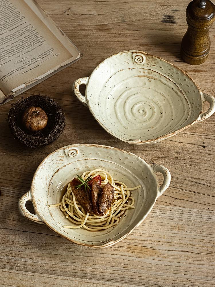 Coarse earthenware plate, Japanese retro ceramic double-ear plate, salad plate, household handcrafted fruit plate, salad bowl