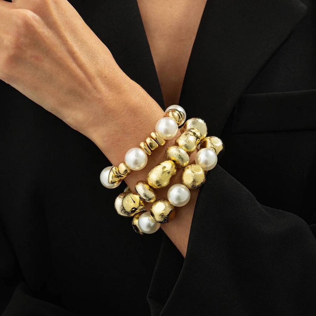 SHIXIN Set da 3 Pezzi Braccialetti Elastici Impilabili Vintage con Perle Finte per Donna Punk Colore Oro Braccialetto Irregolare con Perline Acriliche