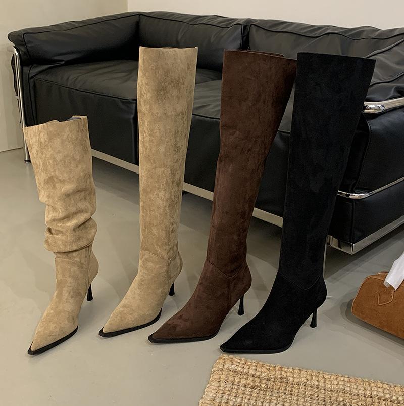 Pointed high-heeled over-the-knee boots women's 2025 new autumn French khaki fine-heeled pleated stacked boots knight boots