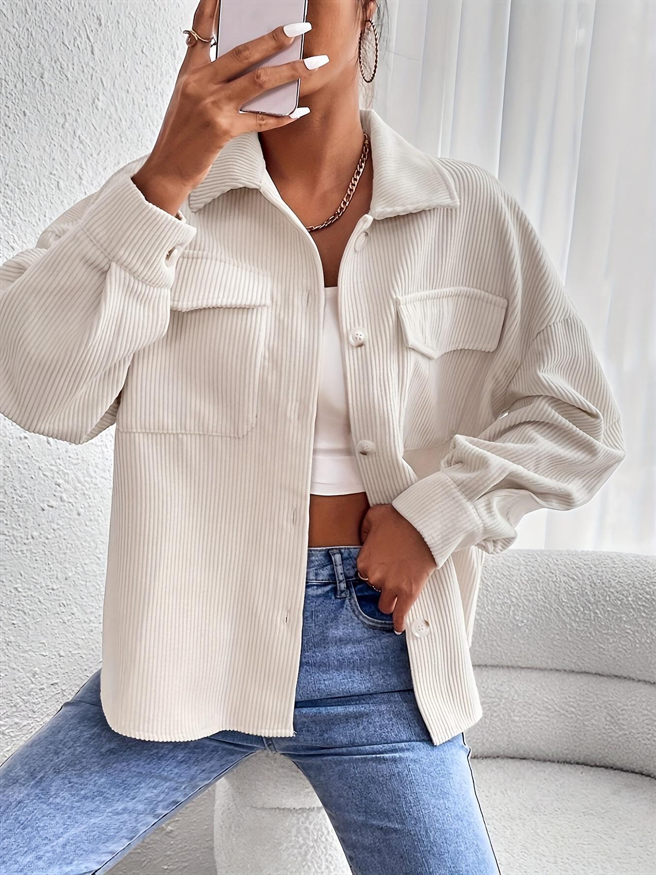 

Women S Casual Beige Corduroy Jacket with Pockets - Long Sleeve, Button-Up Front, Loose Fit, Ribbed Texture, Perfect for Fall/Winter, S