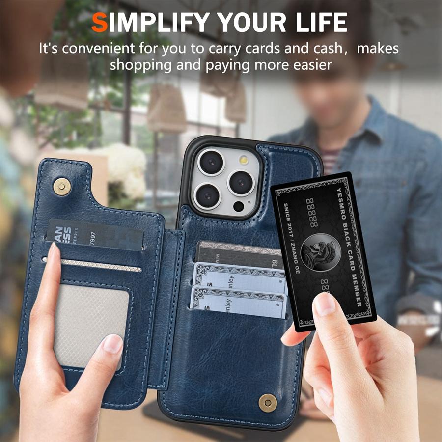 Portofel de culoare solidă, cu cataramă dublă magnetică, husă din piele pentru card de blocare RFID pentru iPhone 15 Pro Max 14 Plus 13 12 11 XR XS SE 2 8 7