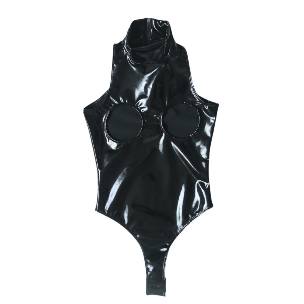 Sexy Women Pvc Shiny High Cut Bodysuit Open Bust Crotch One Pieces Thong Dance Wear Latex Pu Sexy Tights Maid Leotard