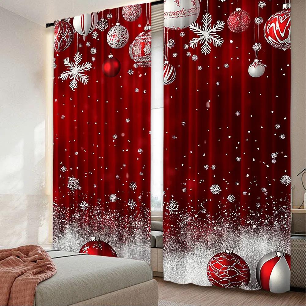 2Pcs Christmas Curtain Traditional Celebration Theme Pendant Baubles Ornate Snowflakes For Living Room Dining Room Bedroom
