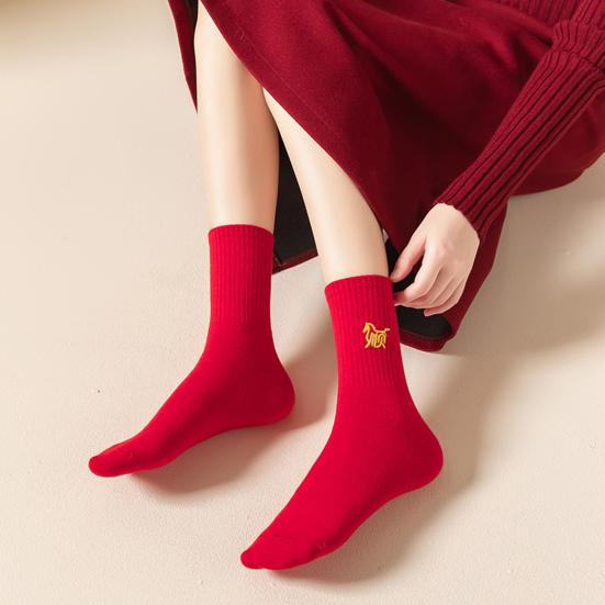 2026 Chinese Zodiac Socks Year of Horse Red Fortune Socks New Year Embroidered Crew Socks Horse Zodiac Year Gifts for Men Women