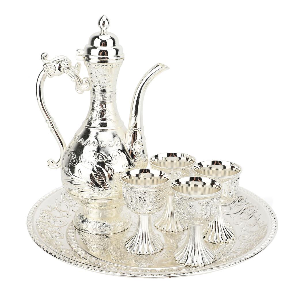 Turecká čajová souprava Vintage Vynikající Luxusní Kovová Čajová konvice Podnos na čaj a Sada 4 šálků pro Domov Stříbrná