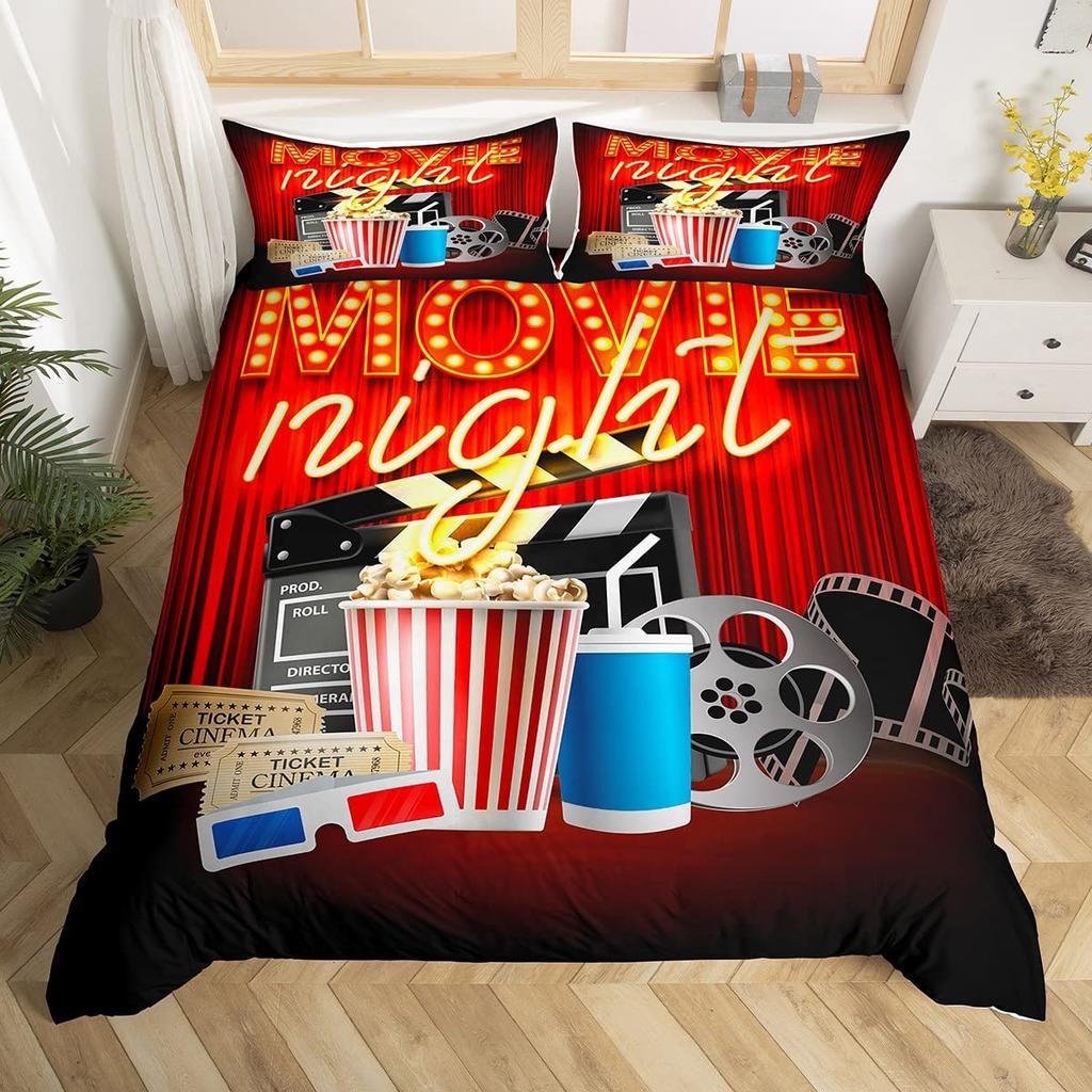 Vintage Kino Bettbezug für Familie Junge Mädchen Heimkinozimmer Dekor Vollständiges Film-Thema Bettdeckenbezug Film-Thema Bettwäscheset