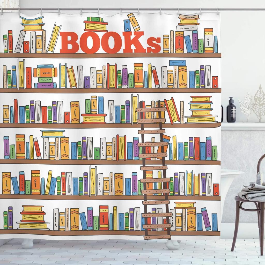 Library Old Wooden Booksheld Shower Curtain Magic Book Design Bath Curtain Study Room Temple Decoration Bathroom Decor Screens