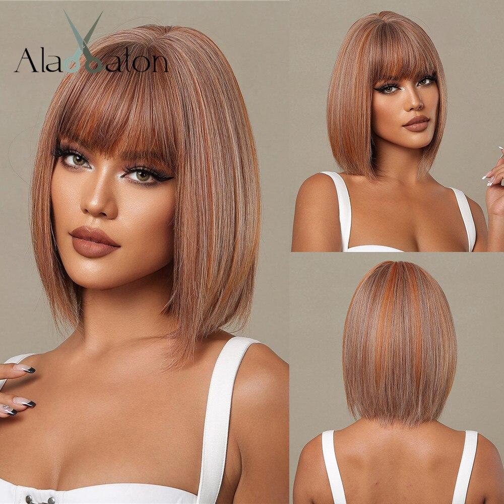 ALAN EATON Short Straight Dirty Blonde Bob Synthetic Wig with Bangs for Black Woman Daily Use Cosplay Party Heat Resistant Fiber