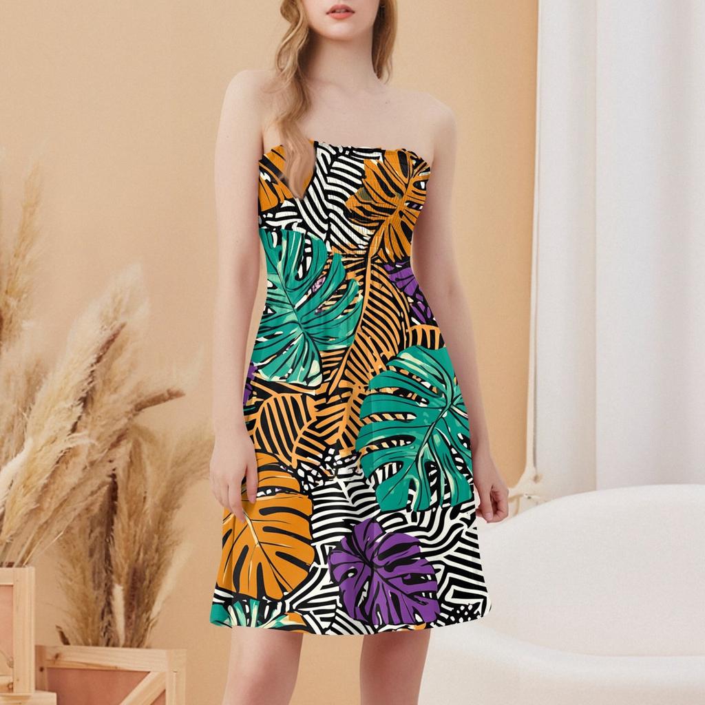 Damenmode Lässiges Bandeau-Druck Ärmelloses Kleid