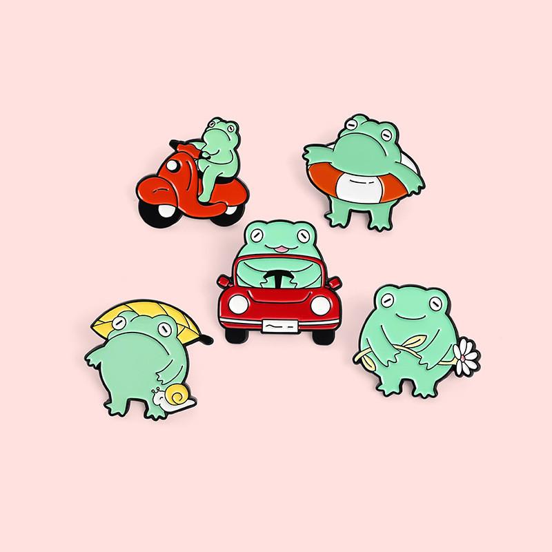 Creative Cute Frog Series Animal Brooch Stylish Mini Car And Swim Ring Design For Fashionable Accessories