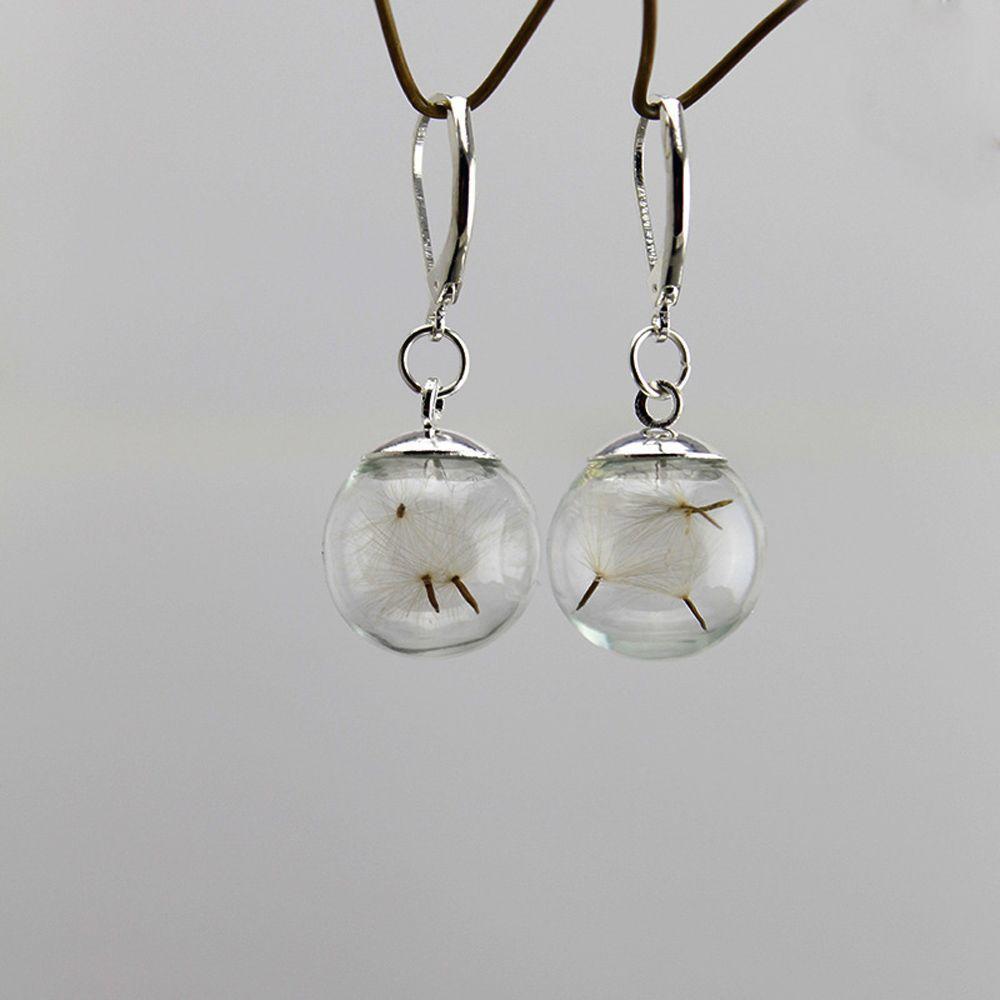 Pampeliška Stříbrné náušnice z křišťálového skla plněné sušenými květinami Náušnice věčné květiny