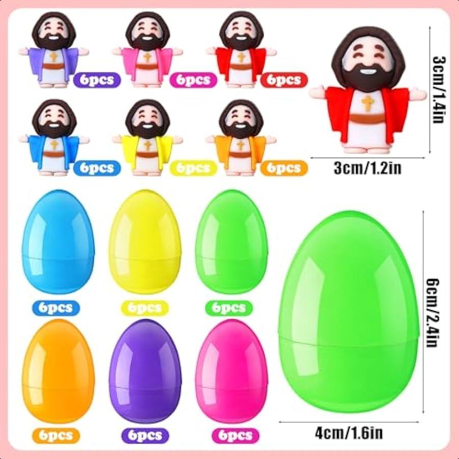 24 Pcs Easter Eggs Filled with Jesus Figurine Plastic Easter Colorful Eggs Religious Jesus Easter Basket Stuffers Party Favors