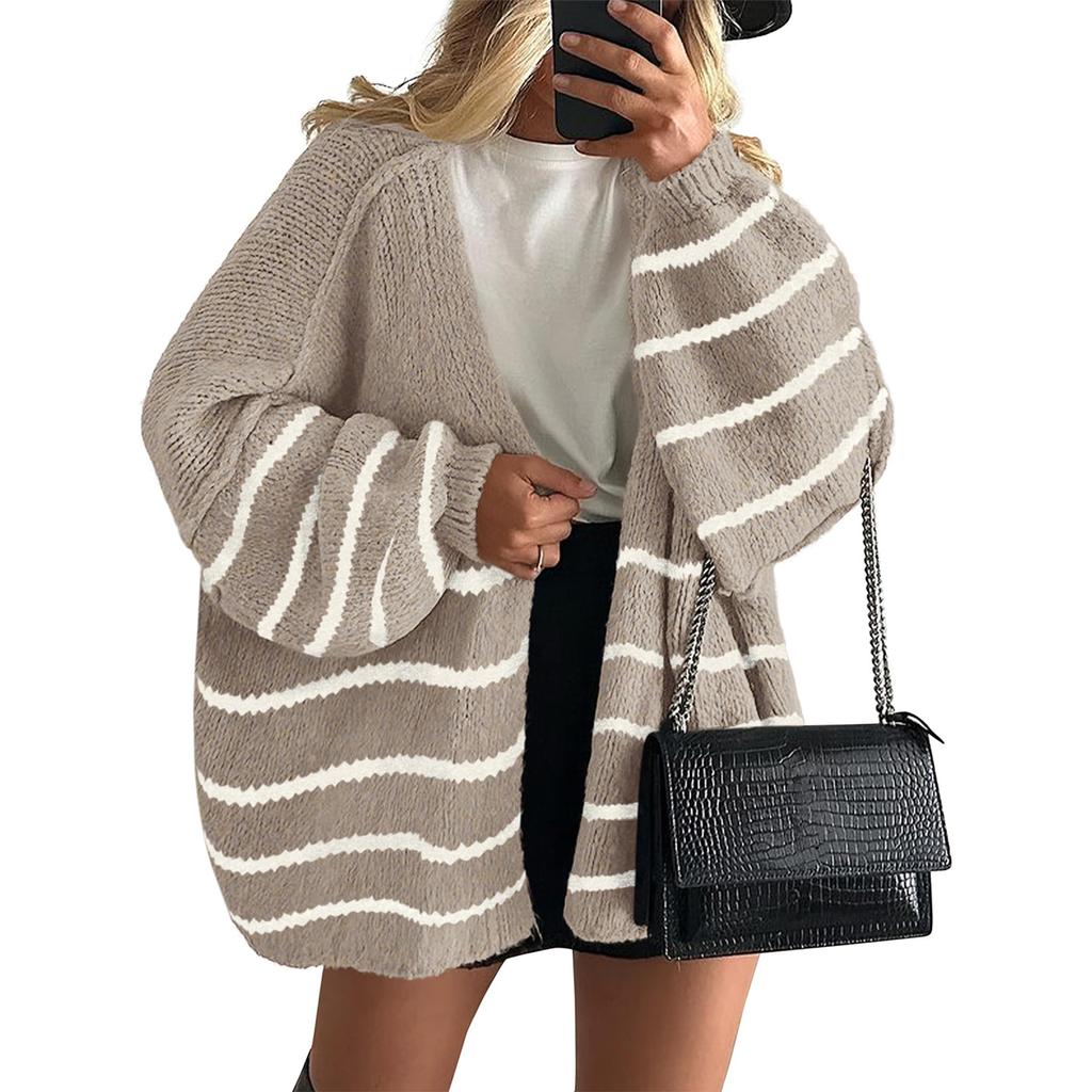 Women's Fashion Stripe Coats Long Sleeved Knitted Casual Cardigan Sweater Jacket