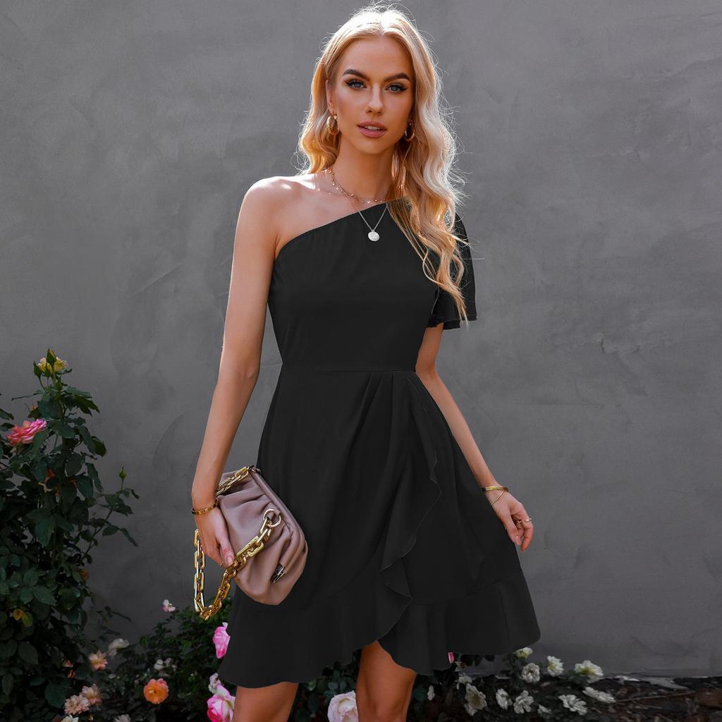 Woman Bodycon Lotus Dress Summer Fashion Short Sleeve One Shoulder Party Mini Dresses Casual Female Boho Beach Dress