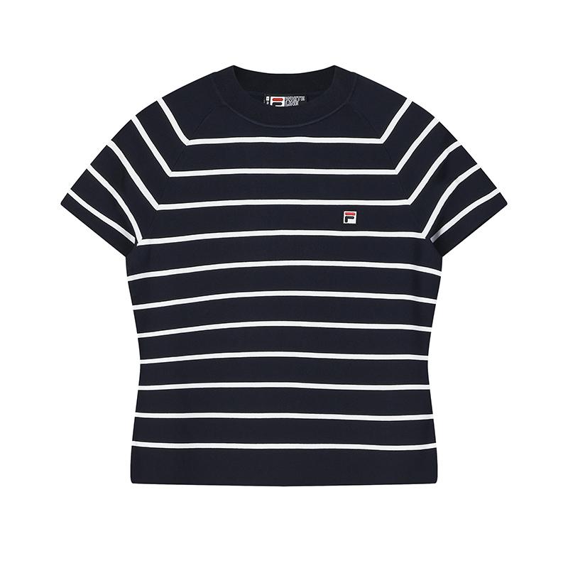 FILA Heritage Fashion Classic Retro Striped Casual Slim Fit Short Sleeve Knit Top Women tops Cigarette-Blue F11W628413FDB M