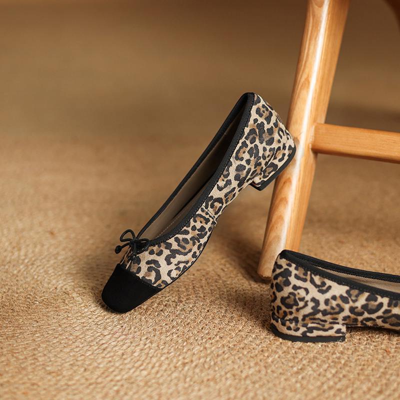 Krazing Pot Sheep Suede Spring Summer Size 41 Thick Low Heels Women Square Toe Slip on Shallow Leopard Pumps