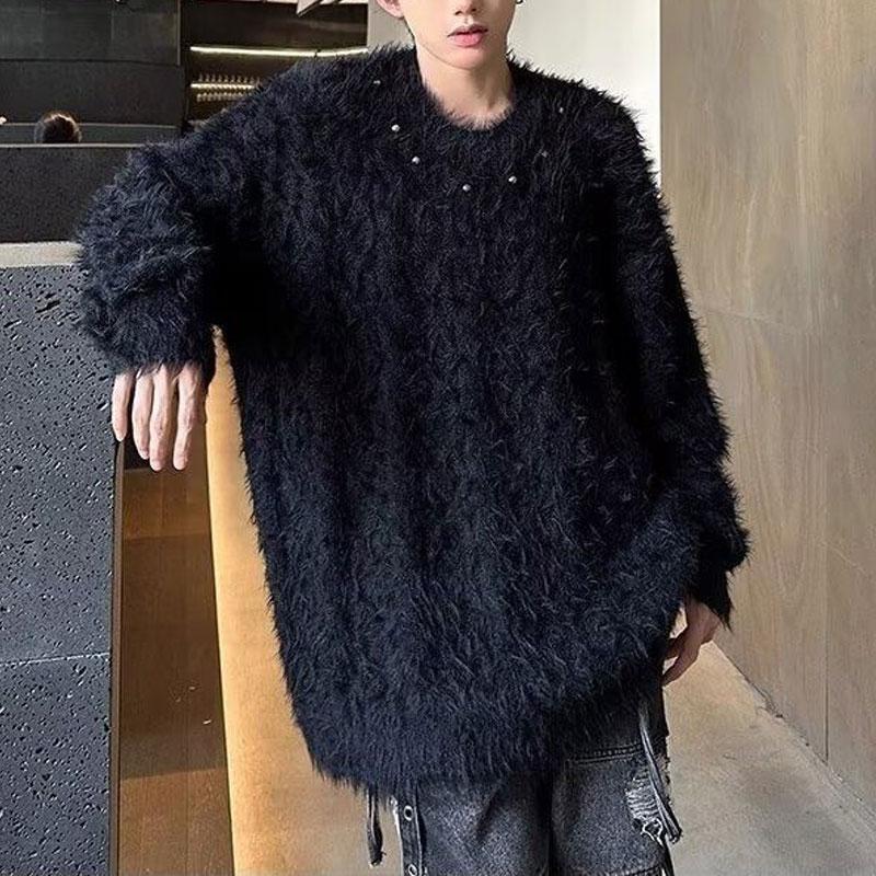 American Retro Solid Color Knitted Pullovers Autumn Winter Round Neck Men's Clothing Fashionable Beading Loose Casual Sweaters