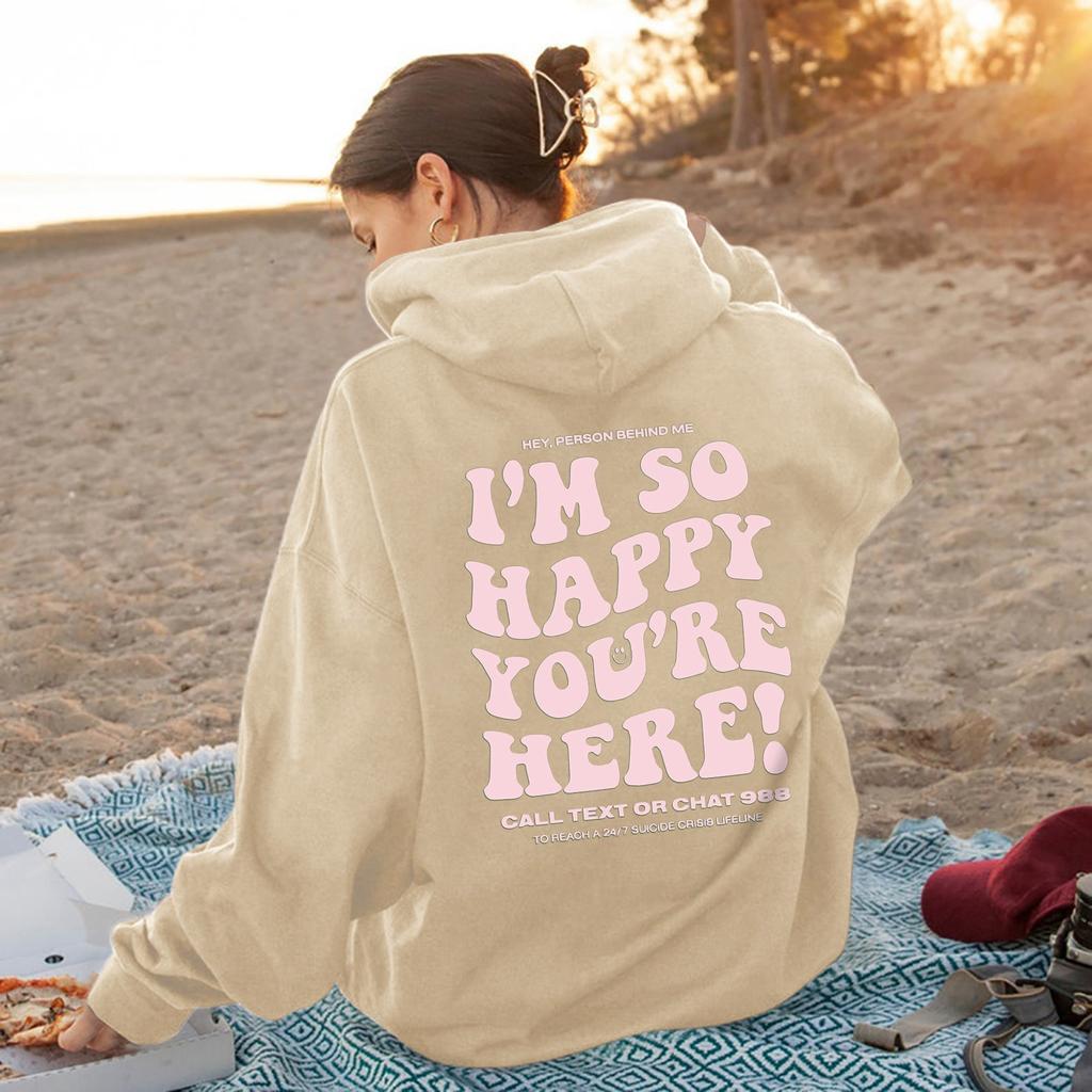 I'M So Happy You'Re Here European And American New Fashion Letter Print Hooded Back Collar Plush Sweater For Women