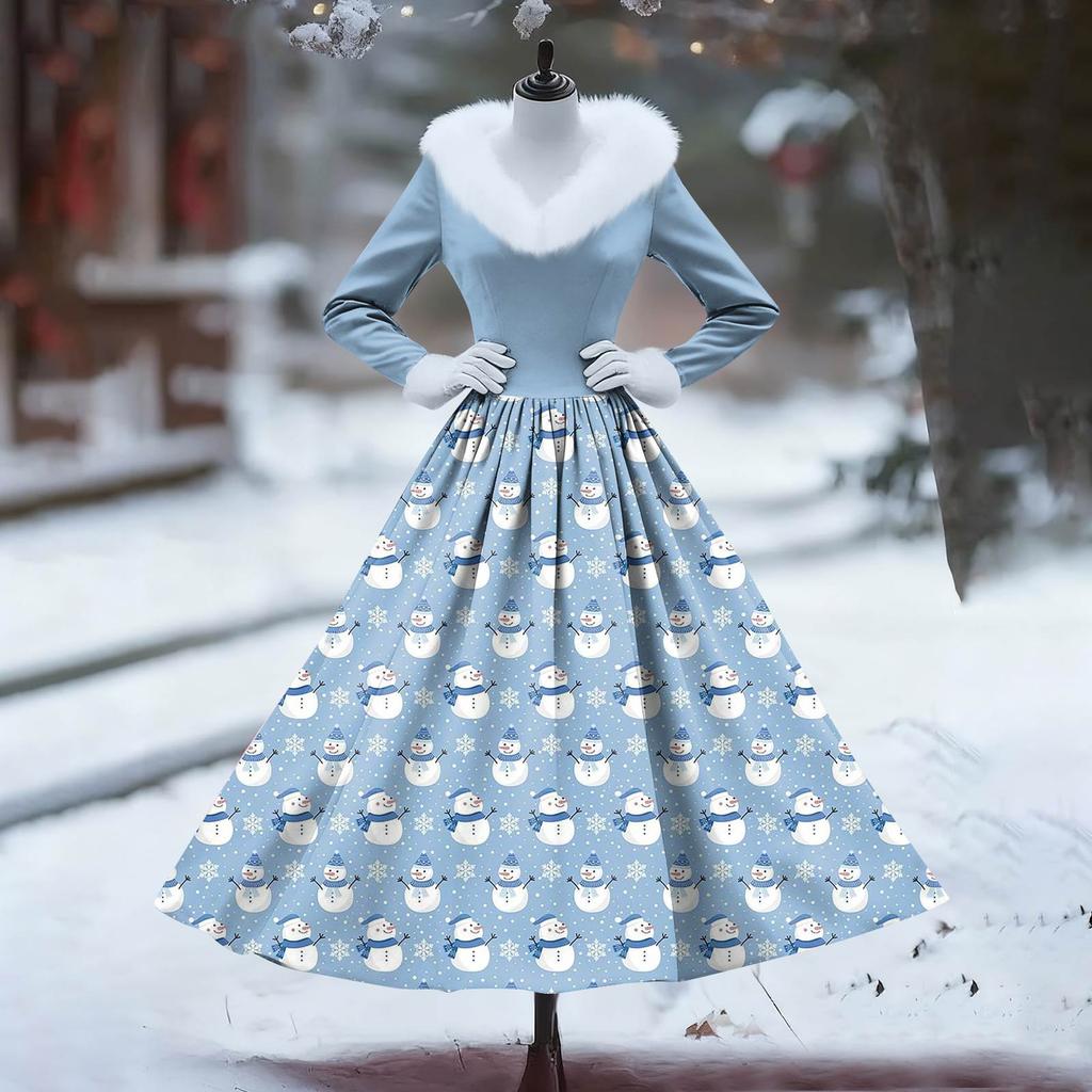 Women's Casual Dress Long-Sleeve V-Neck Patchwork Fleece Christmas Print Dress