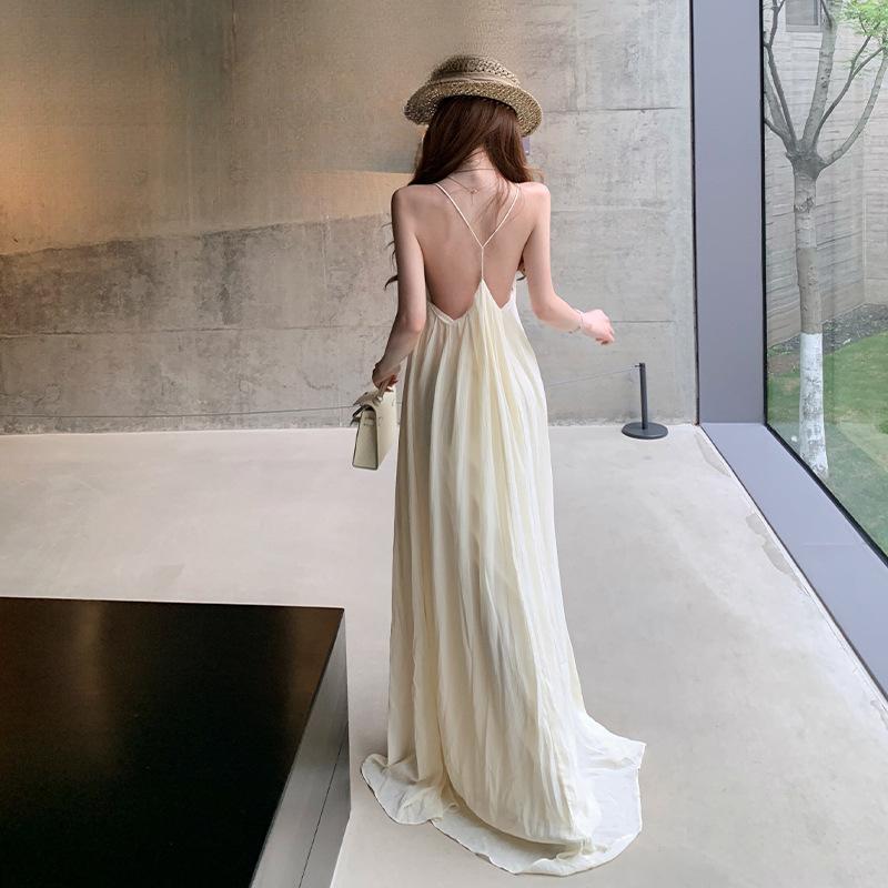 Seaside Travel Wear Apricot Neck Sling Dress Women's Summer Seaside Vacation Wind Irregular Beach Long Skirt