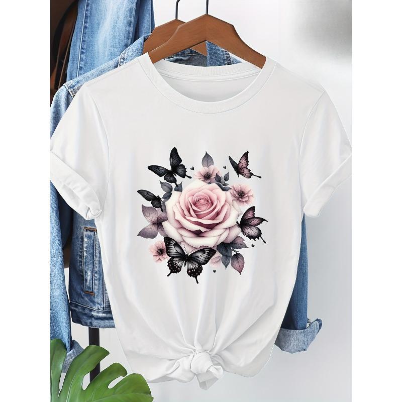 Европейский размер Европейский размер Футболка с коротким рукавом с принтом в виде роз S белый