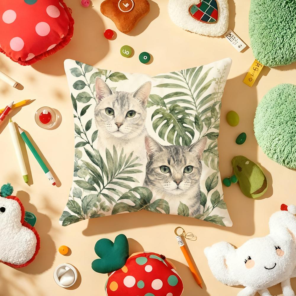 Tropical Jungle Flora Cat Cushion Cover Soft Short Plush DoubleSided Printing Home Decor Machine Washable Pillow Case Gift