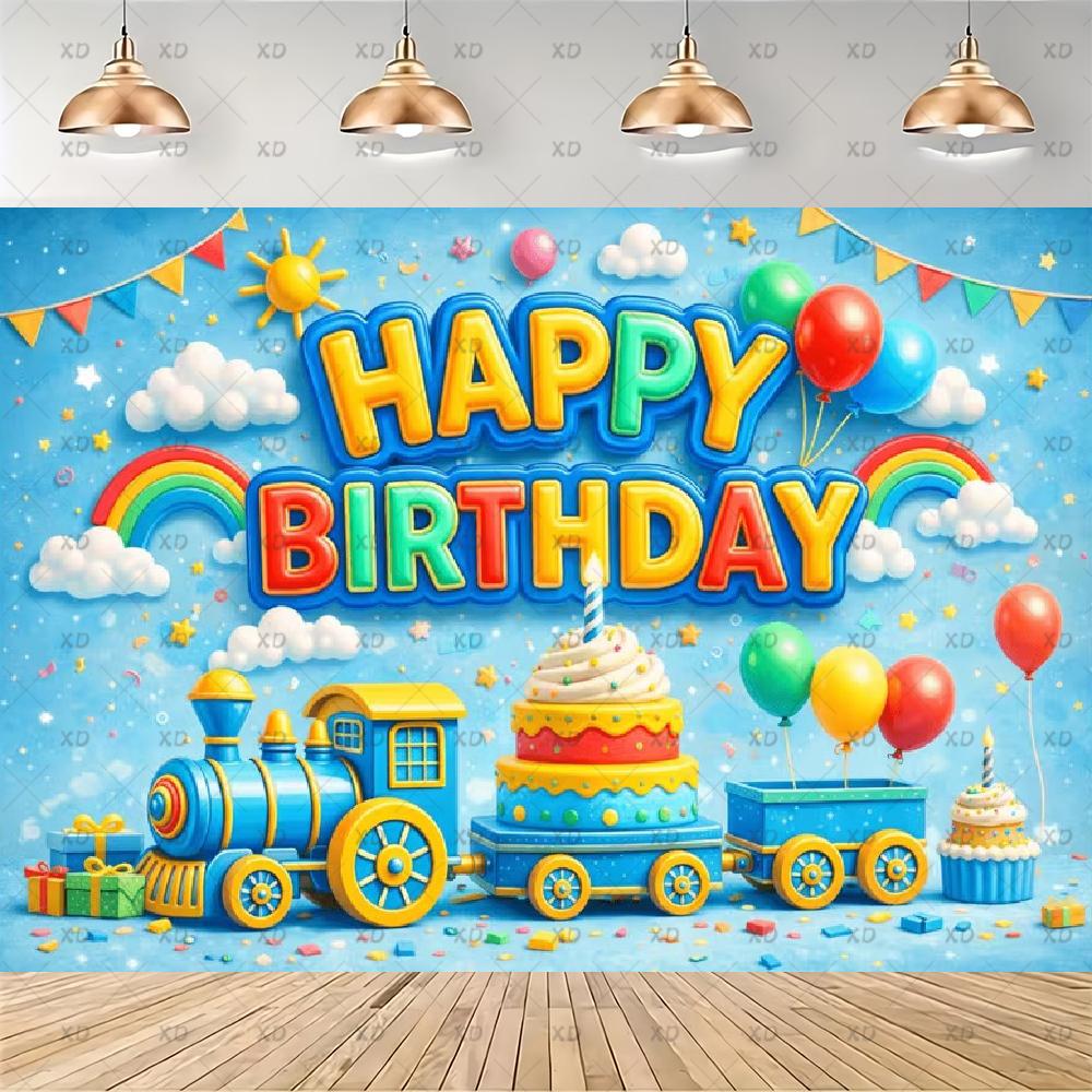Cartoon Train Happy Birthday Party Decoration Background Cute Railway Party Photography Backdrop Train Photo Booth Banner Props
