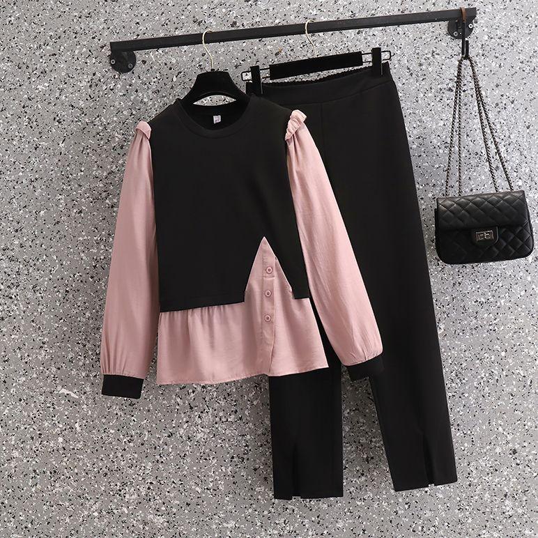 

Шифоновая рубашка с длинным рукавом, повседневные брюки-карандаш, комплект из двух частей, элегантные женские брюки, летние наряды 4XL розовый