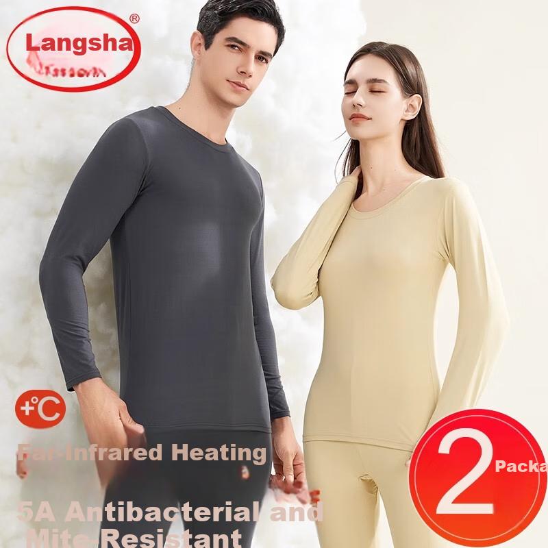 LangSha Women's Thermal Underwear Set Autumn Top and Bottom Antibacterial Mite-Resistant Thin Round Neck Base Layer Thermal Wear